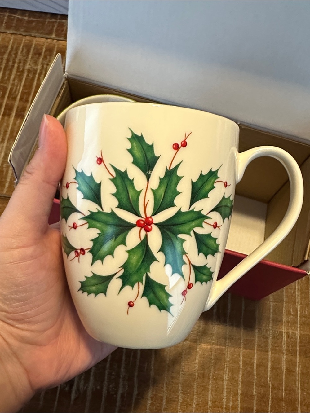 Lenox Holiday Cream Mugs with Green Holly and Red Berry Accents - Set of 2 - Picture 11 of 16